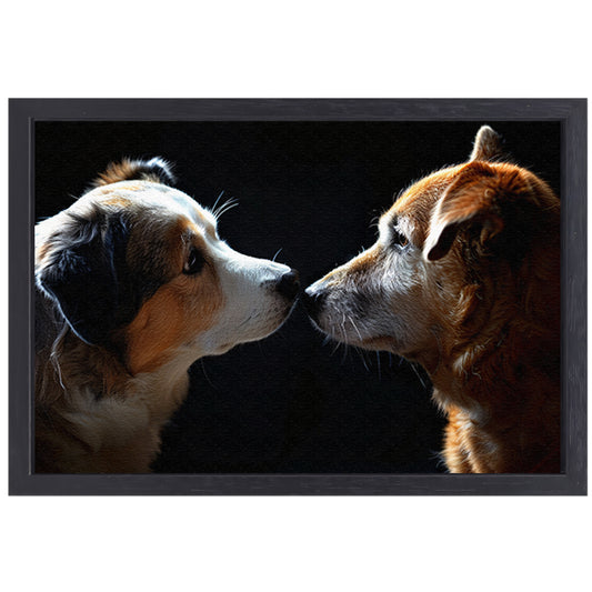 Twee honden in donkere omgeving kijken elkaar aan canvas met baklijst