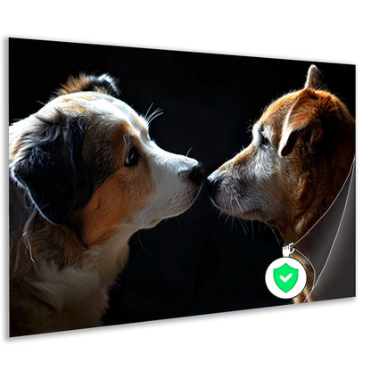 Twee honden in donkere omgeving kijken elkaar aan poster