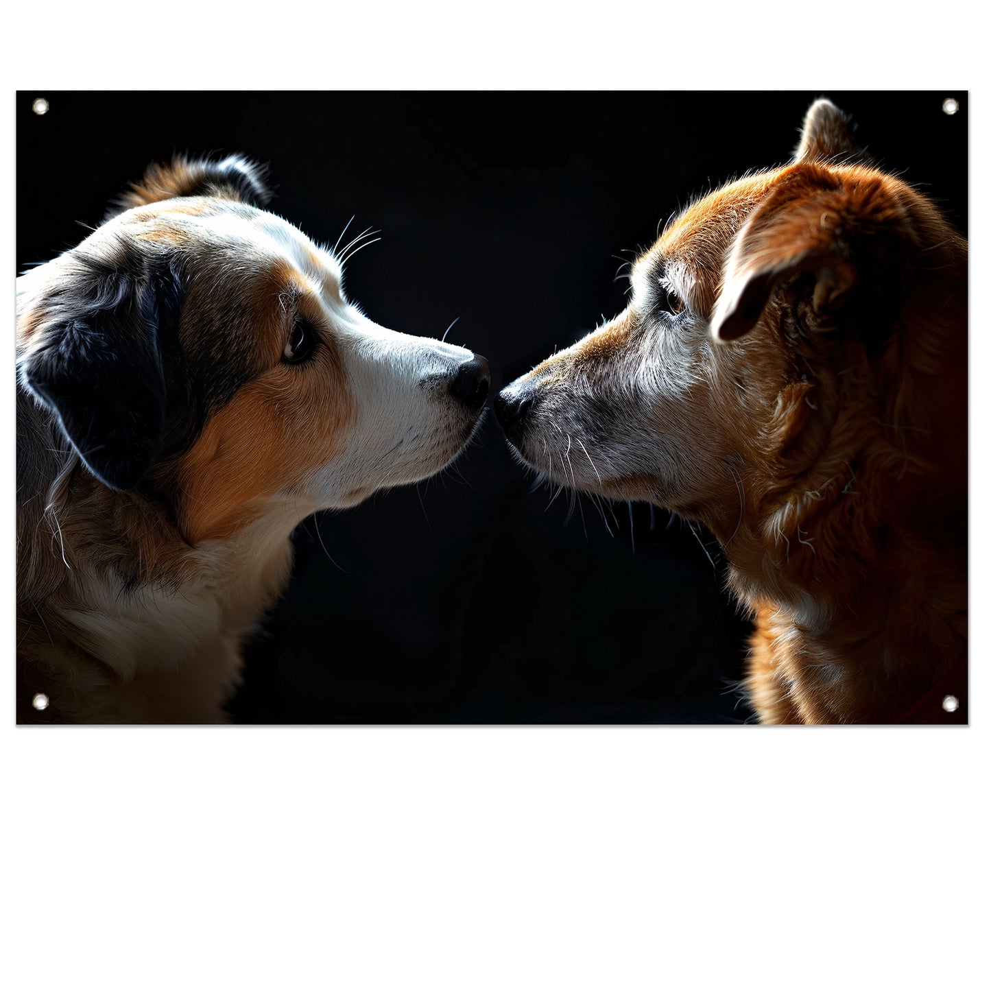 Twee honden in donkere omgeving kijken elkaar aan tuinposter