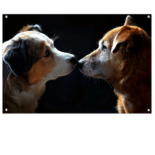 Twee honden in donkere omgeving kijken elkaar aan tuinposter
