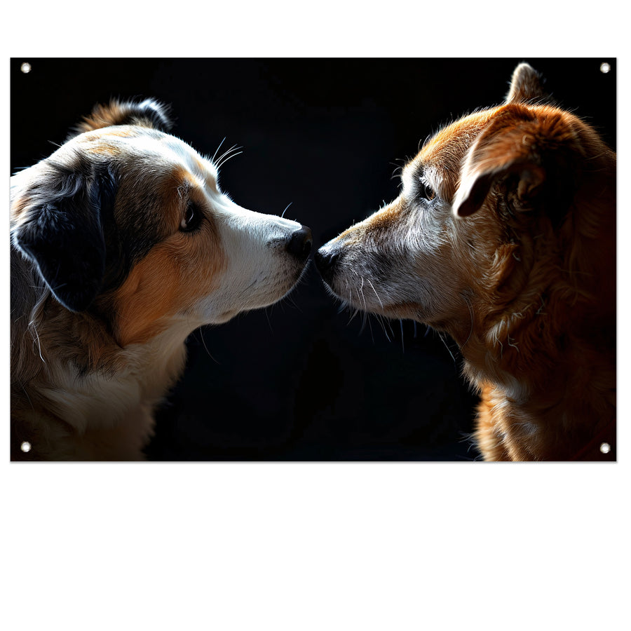 Twee honden in donkere omgeving kijken elkaar aan tuinposter