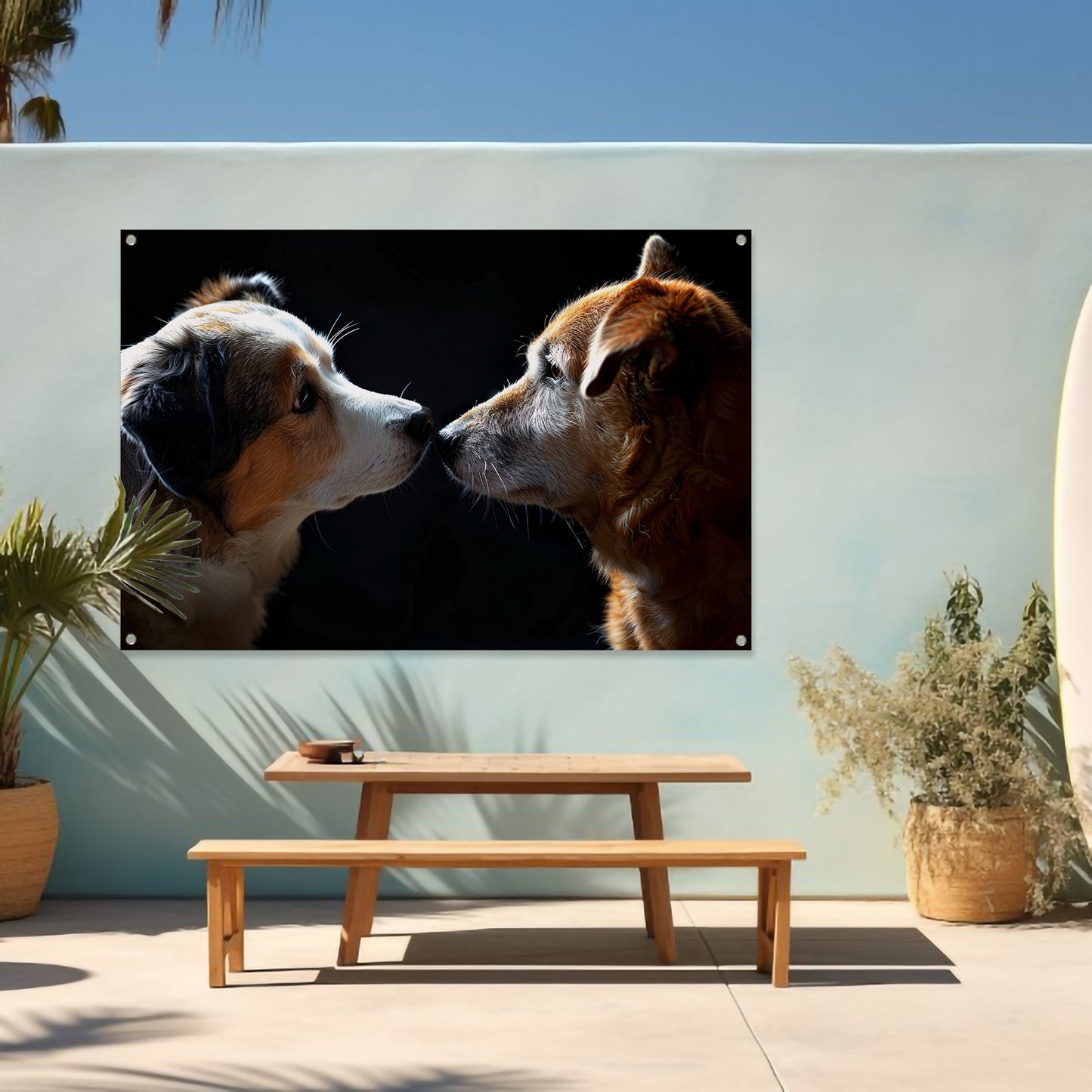 Twee honden in donkere omgeving kijken elkaar aan tuinposter