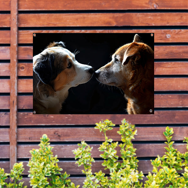 Twee honden in donkere omgeving kijken elkaar aan tuinposter