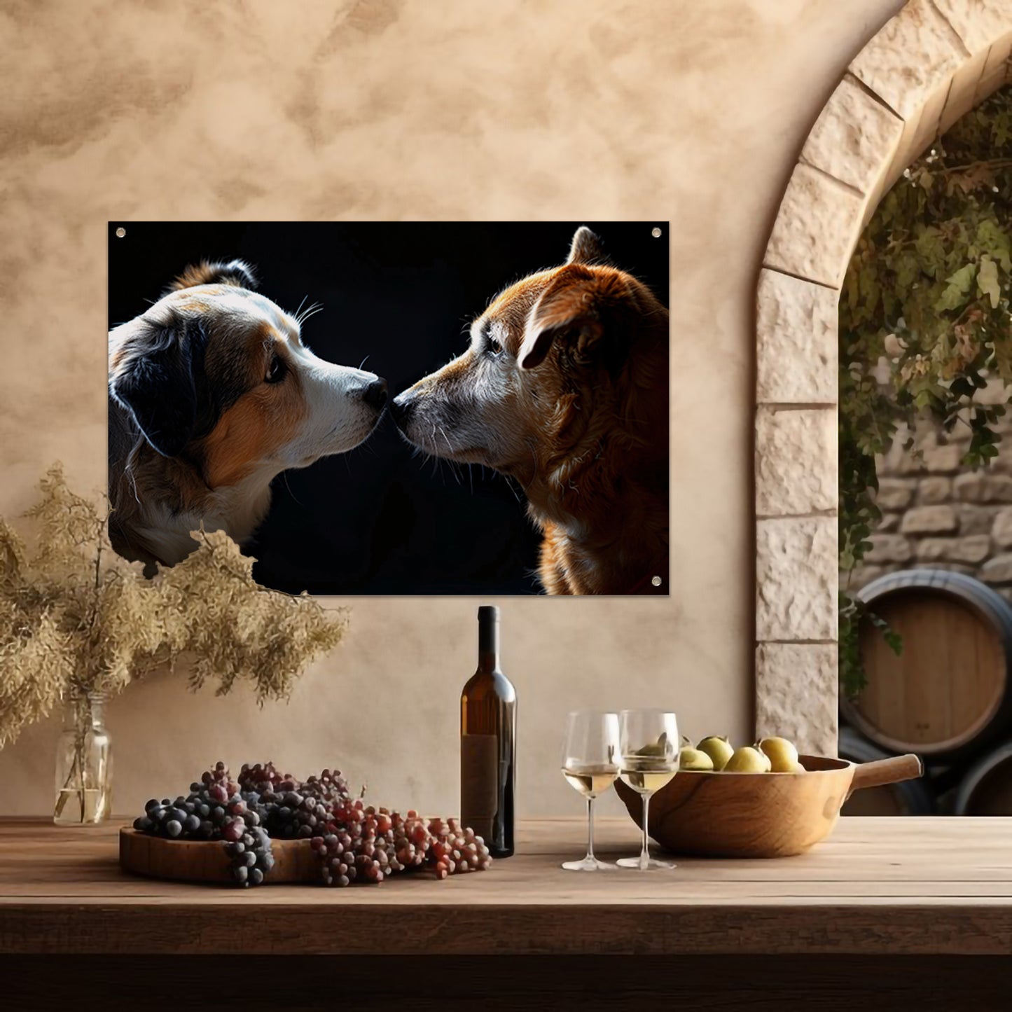 Twee honden in donkere omgeving kijken elkaar aan tuinposter