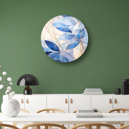 Minimalistisch schilderij met blauwe bladeren aluminium muurcirkel