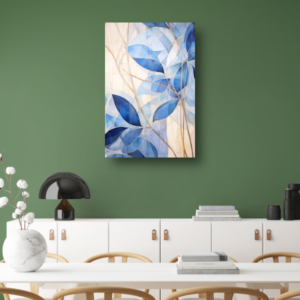 Minimalistisch schilderij met blauwe bladeren canvas met baklijst