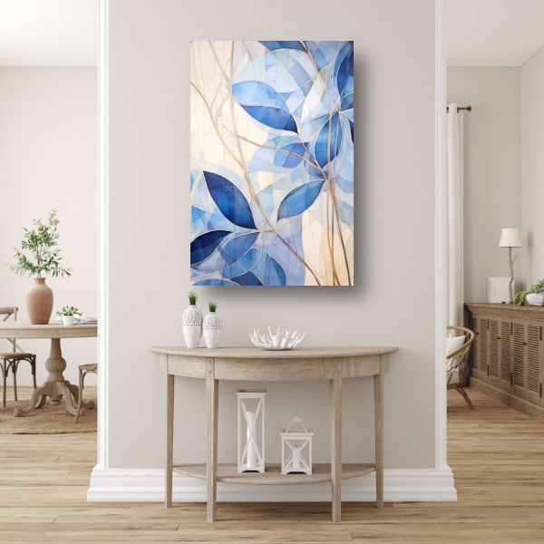 Minimalistisch schilderij met blauwe bladeren canvas met baklijst