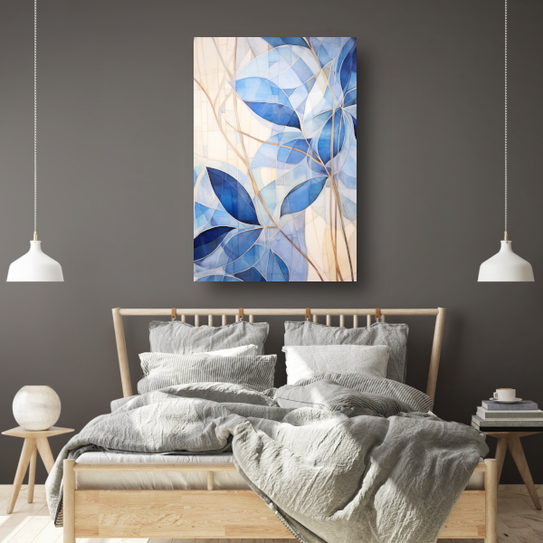 Minimalistisch schilderij met blauwe bladeren canvas met baklijst