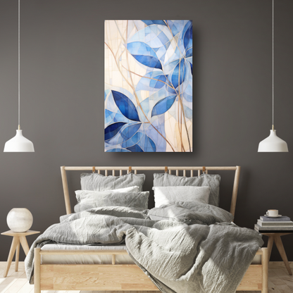Minimalistisch schilderij met blauwe bladeren canvas met baklijst