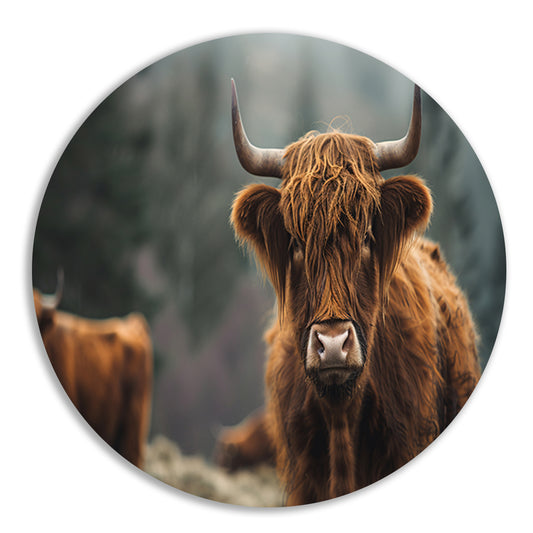 Schotse Hooglander in mistig boslandschap forex muurcirkel