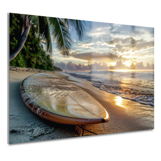 Zonsondergang met surfboard acrylglas