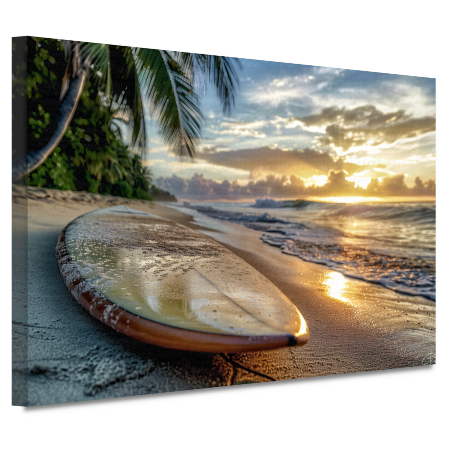 Zonsondergang met surfboard canvas
