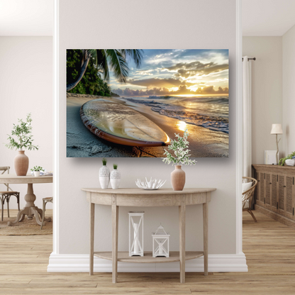 Zonsondergang met surfboard canvas