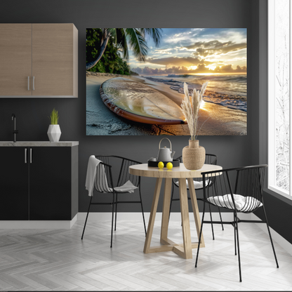 Zonsondergang met surfboard canvas