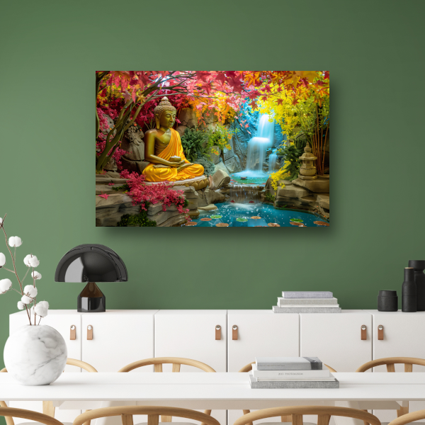 Meditatieve Boeddha in Herfstkleurige Oase canvas met baklijst