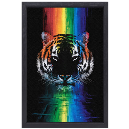 Majestueuze tijger met regenboogkleuren canvas met baklijst