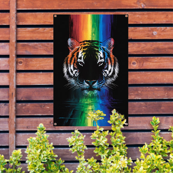 Majestueuze tijger met regenboogkleuren tuinposter