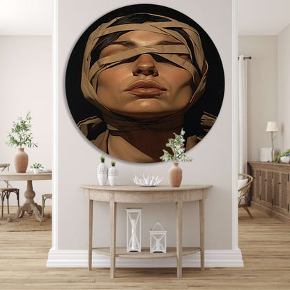 Vrouw met verband over ogen in surrealistische stijl aluminium muurcirkel