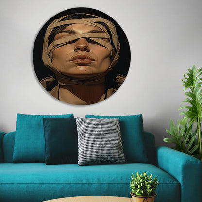 Vrouw met verband over ogen in surrealistische stijl aluminium muurcirkel