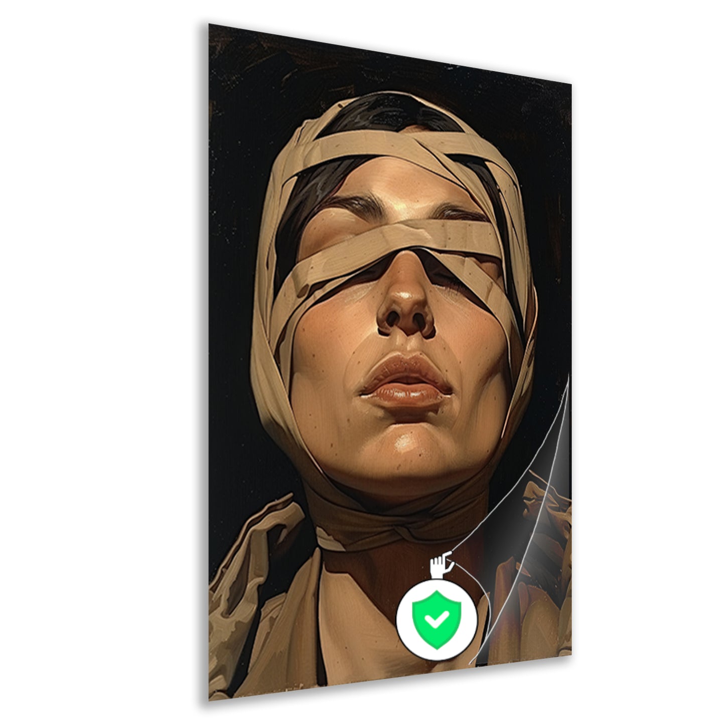 Vrouw met verband over ogen in surrealistische stijl poster