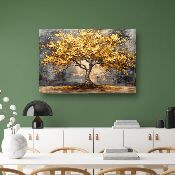 Boom met gouden bladeren tegen abstracte achtergrond canvas met baklijst