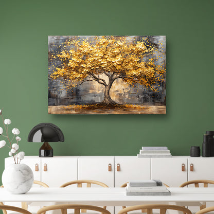 Boom met gouden bladeren tegen abstracte achtergrond canvas met baklijst