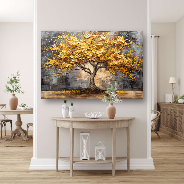 Boom met gouden bladeren tegen abstracte achtergrond canvas met baklijst