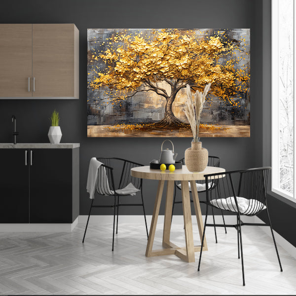 Boom met gouden bladeren tegen abstracte achtergrond canvas met baklijst