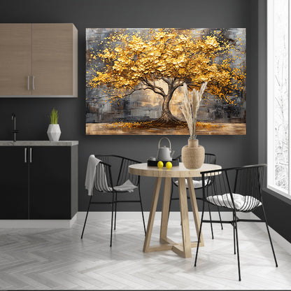 Boom met gouden bladeren tegen abstracte achtergrond canvas met baklijst