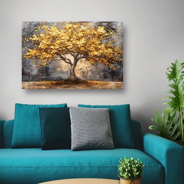 Boom met gouden bladeren tegen abstracte achtergrond canvas met baklijst