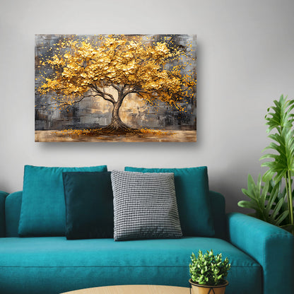 Boom met gouden bladeren tegen abstracte achtergrond canvas met baklijst