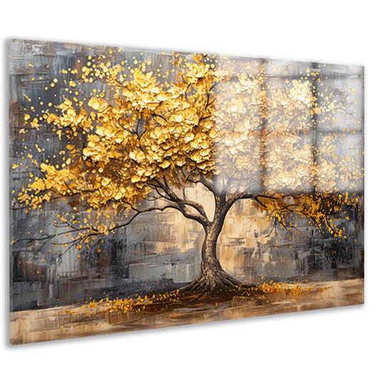 Boom met gouden bladeren tegen abstracte achtergrond acrylglas