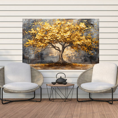 Boom met gouden bladeren tegen abstracte achtergrond tuinposter