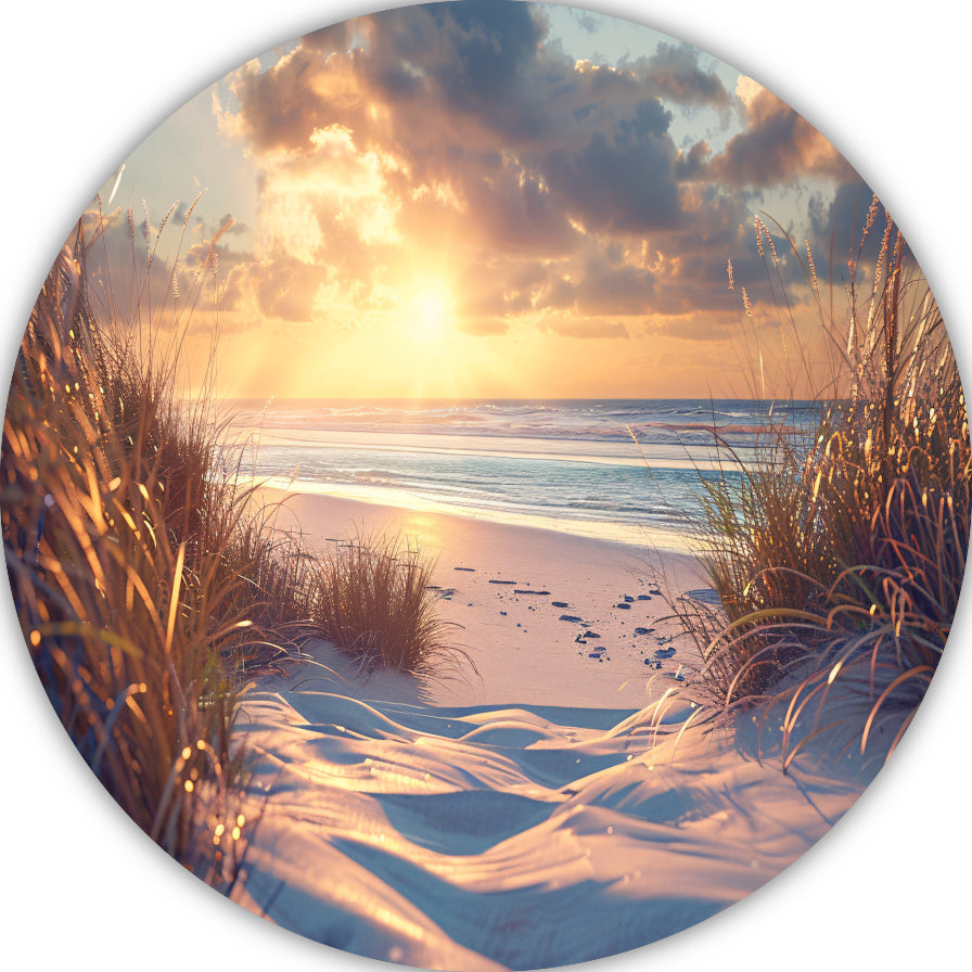 Betoverende zonsondergang op het strand met levendige kleuren aluminium muurcirkel