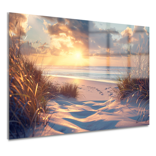 Betoverende zonsondergang op het strand met levendige kleuren acrylglas