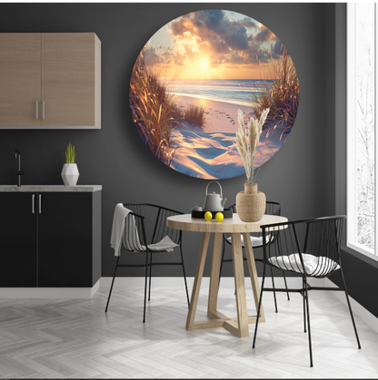 Betoverende zonsondergang op het strand met levendige kleuren aluminium muurcirkel