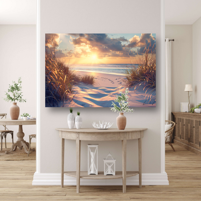 Betoverende zonsondergang op het strand met levendige kleuren poster
