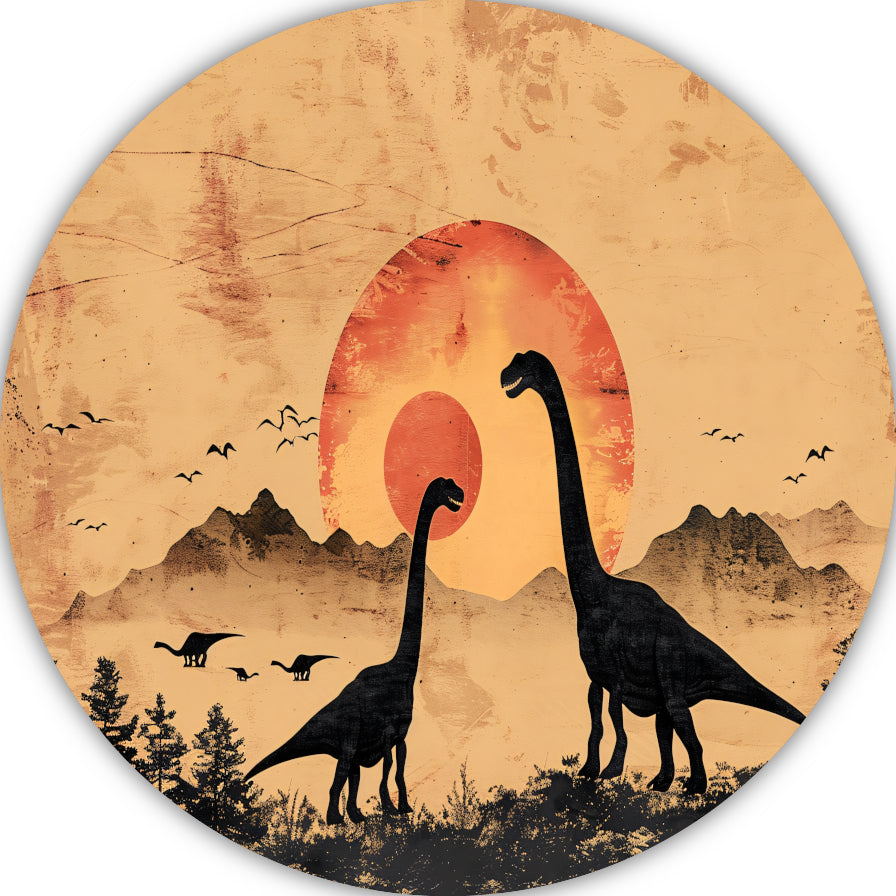 Silhouetten van dinosaurussen tijdens zonsondergang aluminium muurcirkel