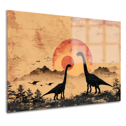 Silhouetten van dinosaurussen tijdens zonsondergang acrylglas