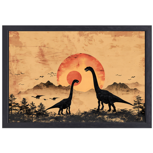 Silhouetten van dinosaurussen tijdens zonsondergang canvas met baklijst