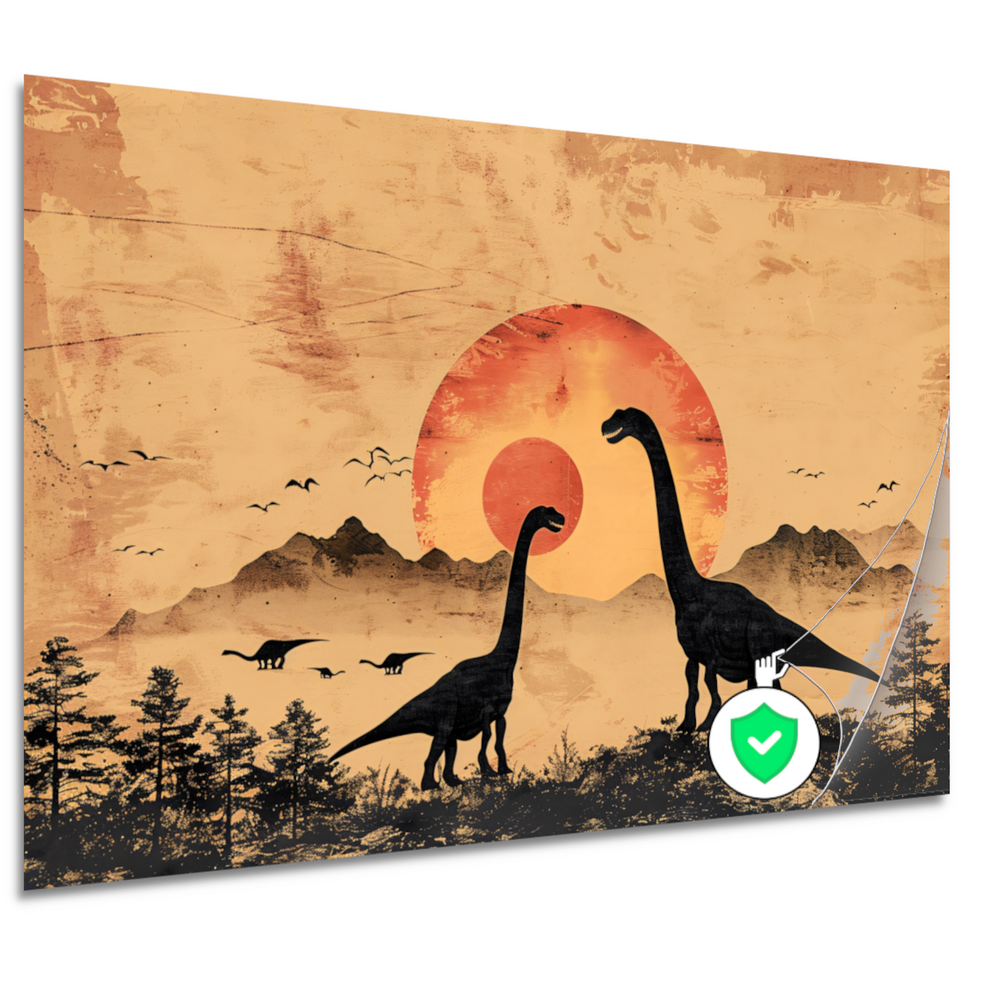 Silhouetten van dinosaurussen tijdens zonsondergang poster