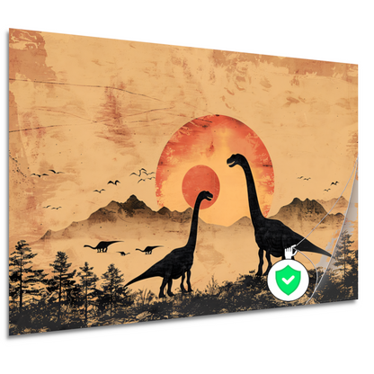 Silhouetten van dinosaurussen tijdens zonsondergang poster