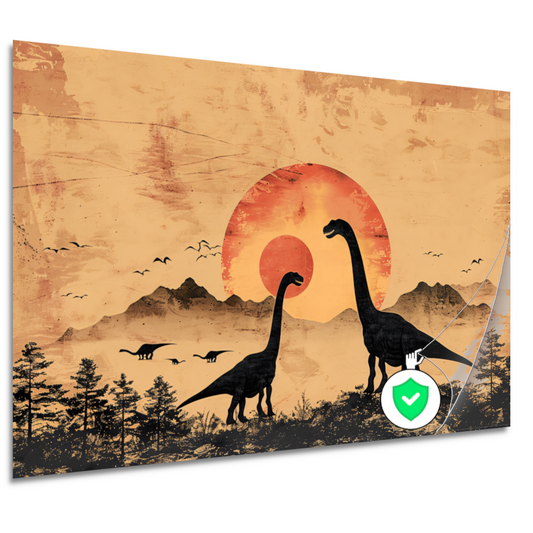 Silhouetten van dinosaurussen tijdens zonsondergang poster