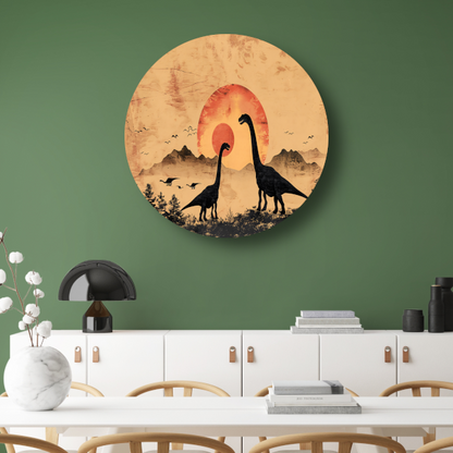 Silhouetten van dinosaurussen tijdens zonsondergang aluminium muurcirkel