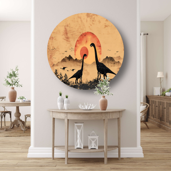 Silhouetten van dinosaurussen tijdens zonsondergang aluminium muurcirkel