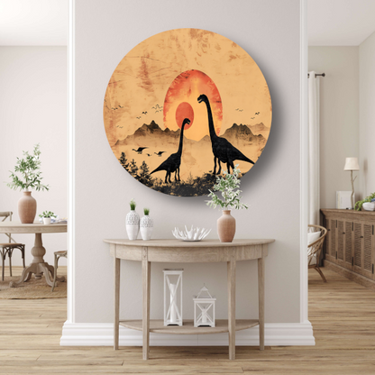 Silhouetten van dinosaurussen tijdens zonsondergang aluminium muurcirkel