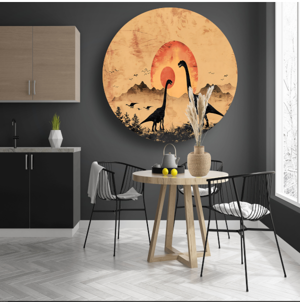 Silhouetten van dinosaurussen tijdens zonsondergang aluminium muurcirkel