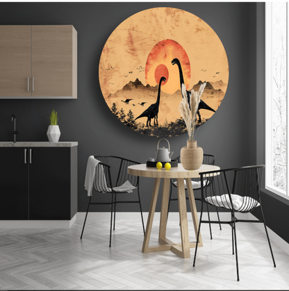 Silhouetten van dinosaurussen tijdens zonsondergang aluminium muurcirkel