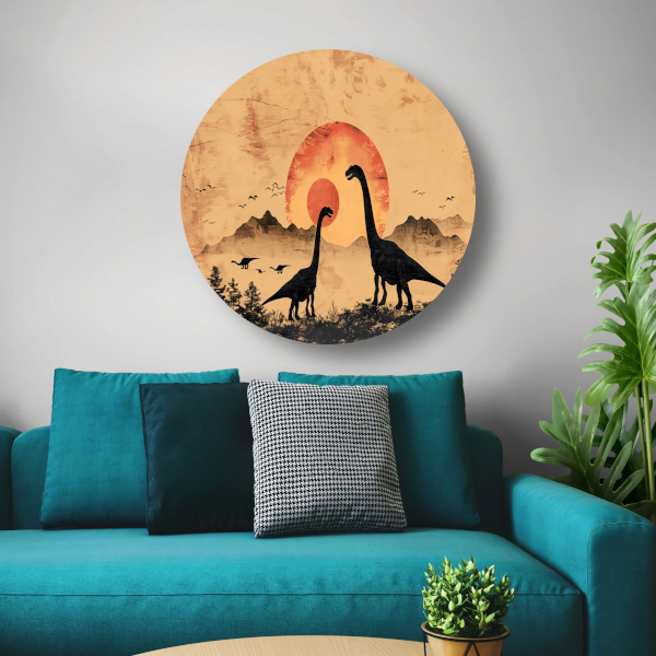 Silhouetten van dinosaurussen tijdens zonsondergang aluminium muurcirkel