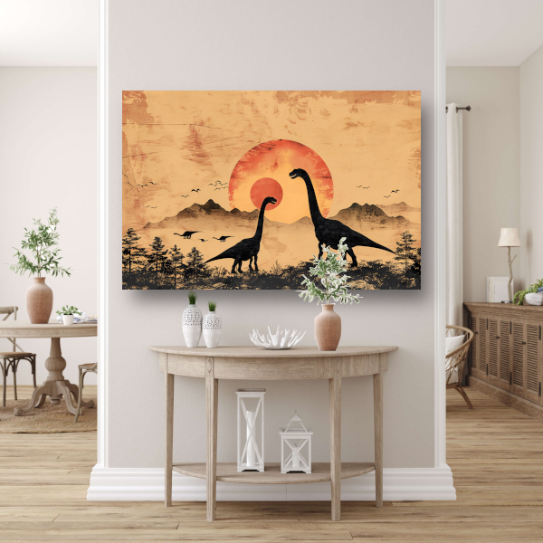 Silhouetten van dinosaurussen tijdens zonsondergang acrylglas